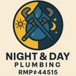 Logo for Night & Day Plumbing featuring crossed wrenches over a blue water drop against a sun and moon background.