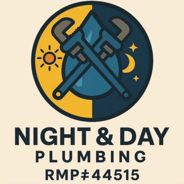 Logo for Night & Day Plumbing featuring crossed wrenches over a blue water drop against a sun and moon background.