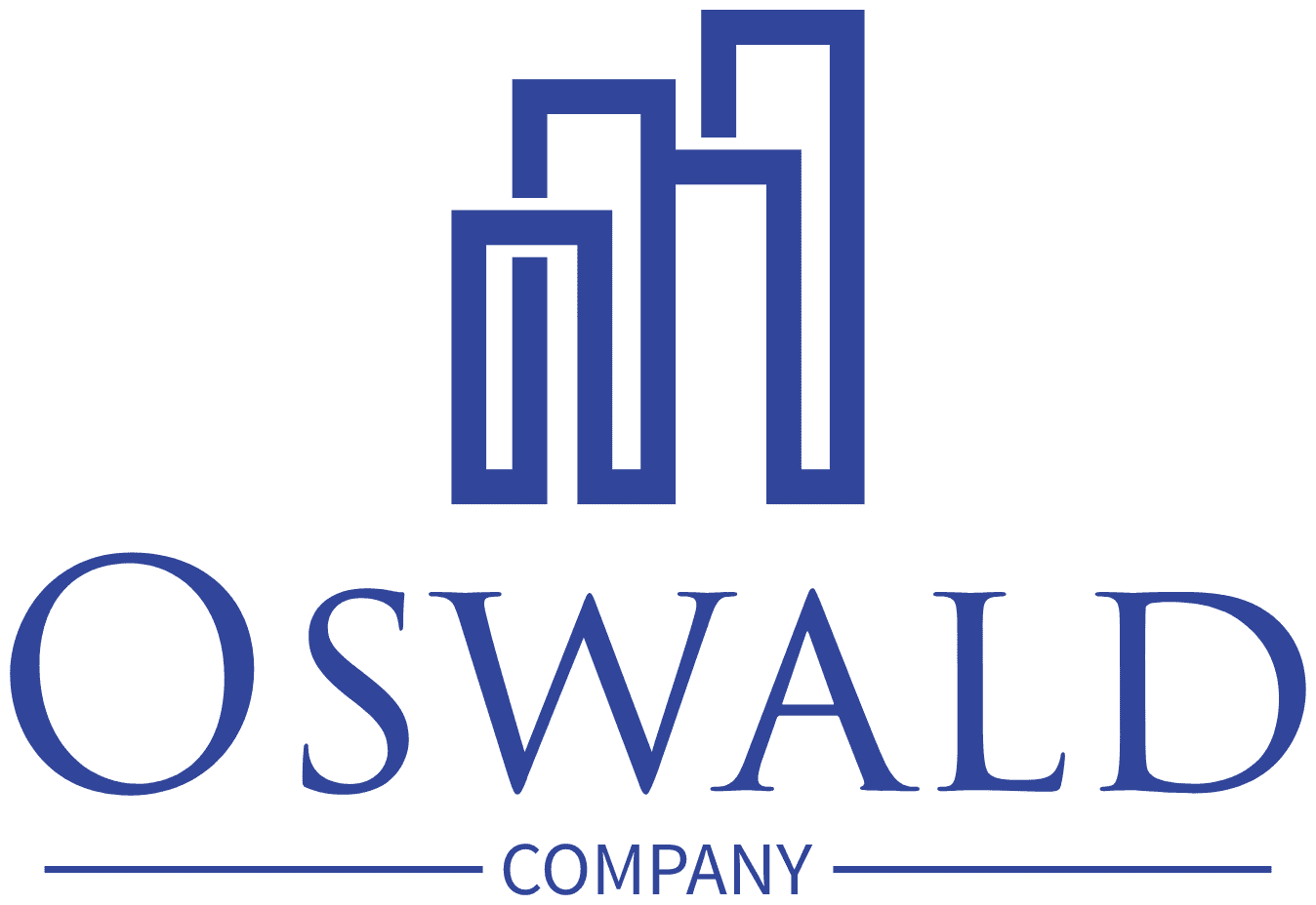 The logo for oswald company is blue and white and looks like a castle.