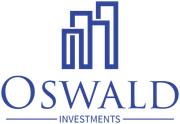 The logo for oswald investments is blue and white and looks like a building.