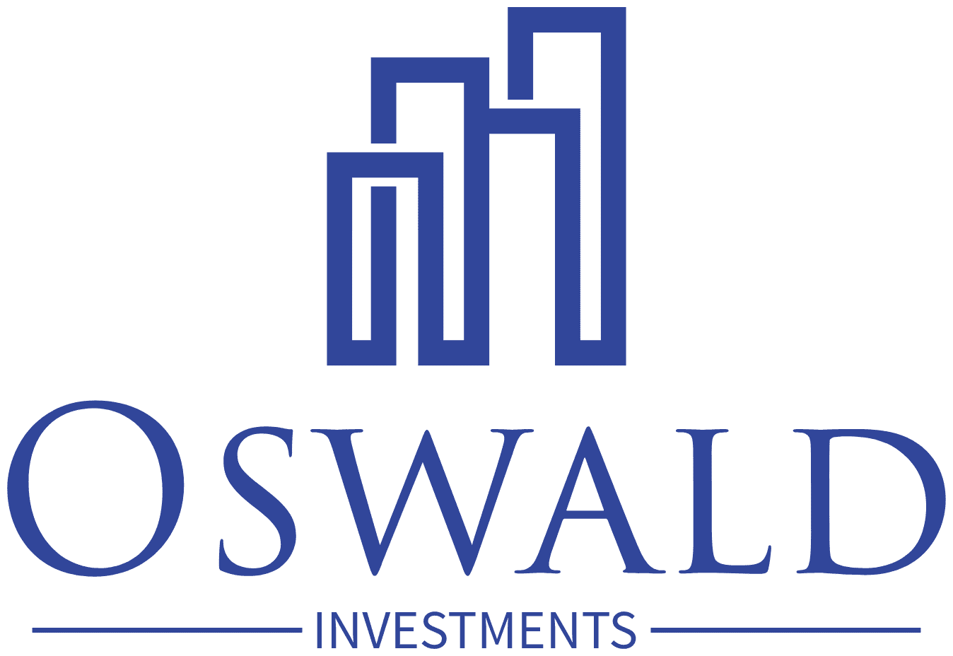 The logo for oswald investments is blue and white and looks like a building.