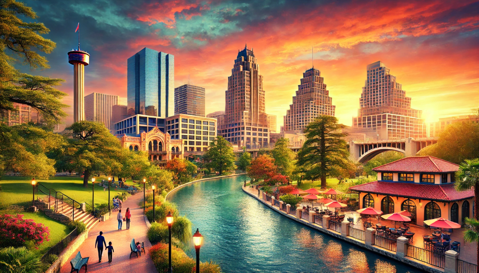 A river runs through a park in front of a city skyline at sunset.