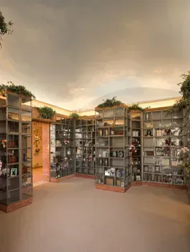 Curved wall of glass-front cabinets in a modern room with warm lighting and a cloudy sky view