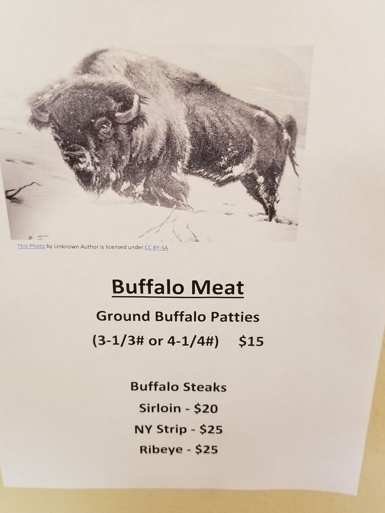 A menu for buffalo meat includes ground buffalo patties and buffalo steaks