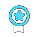 Insignia azul de premio con estrella blanca y cintas en los extremos.