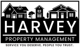 Harvey Property Management logo featuring silhouettes of houses and the company name.