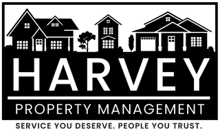 Harvey Property Management logo featuring silhouettes of houses and the company name.