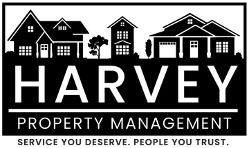 Harvey Property Management logo featuring silhouettes of houses and the company name.