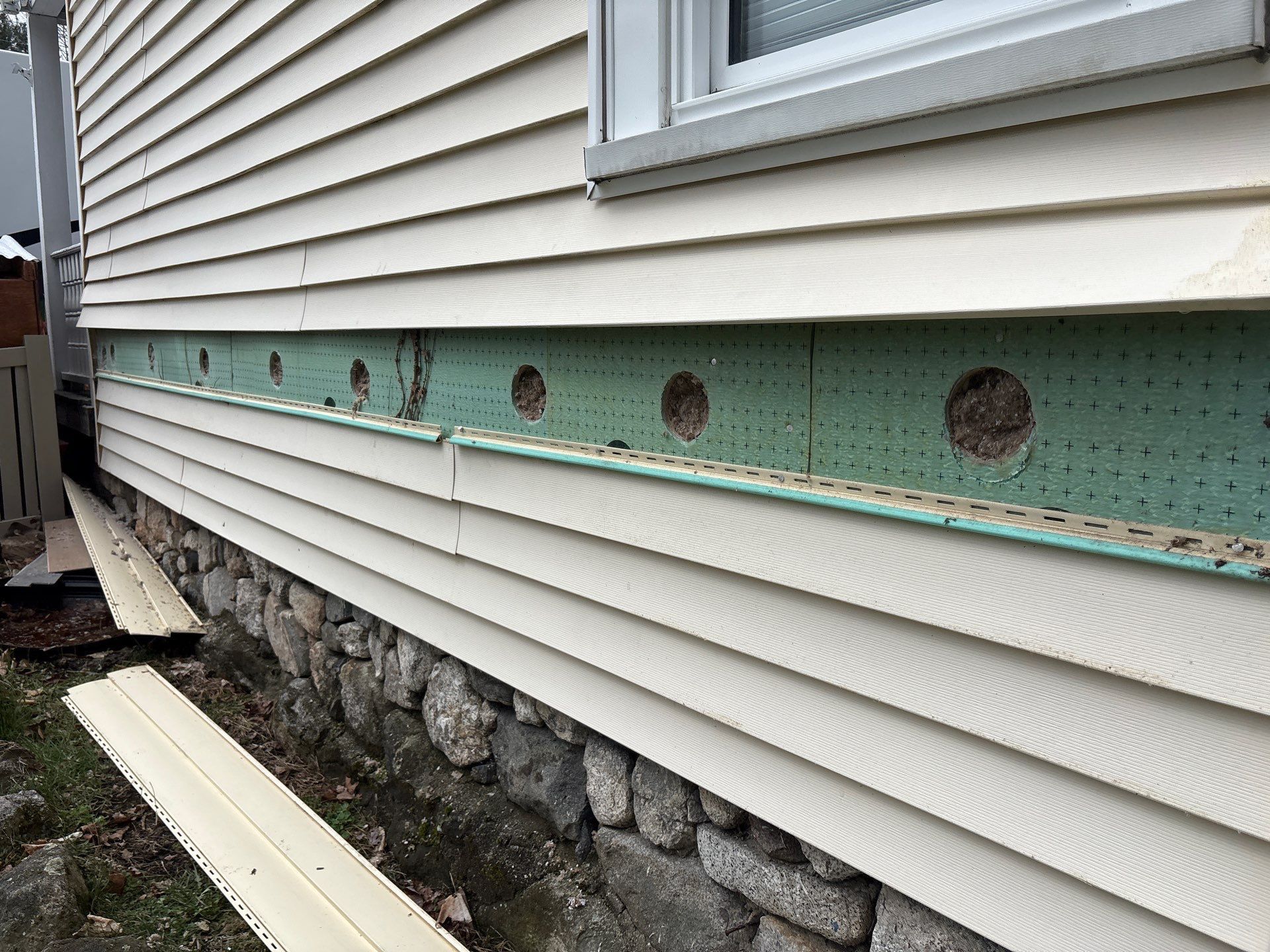 House siding with a damaged green band and multiple circular holes above a stone foundation