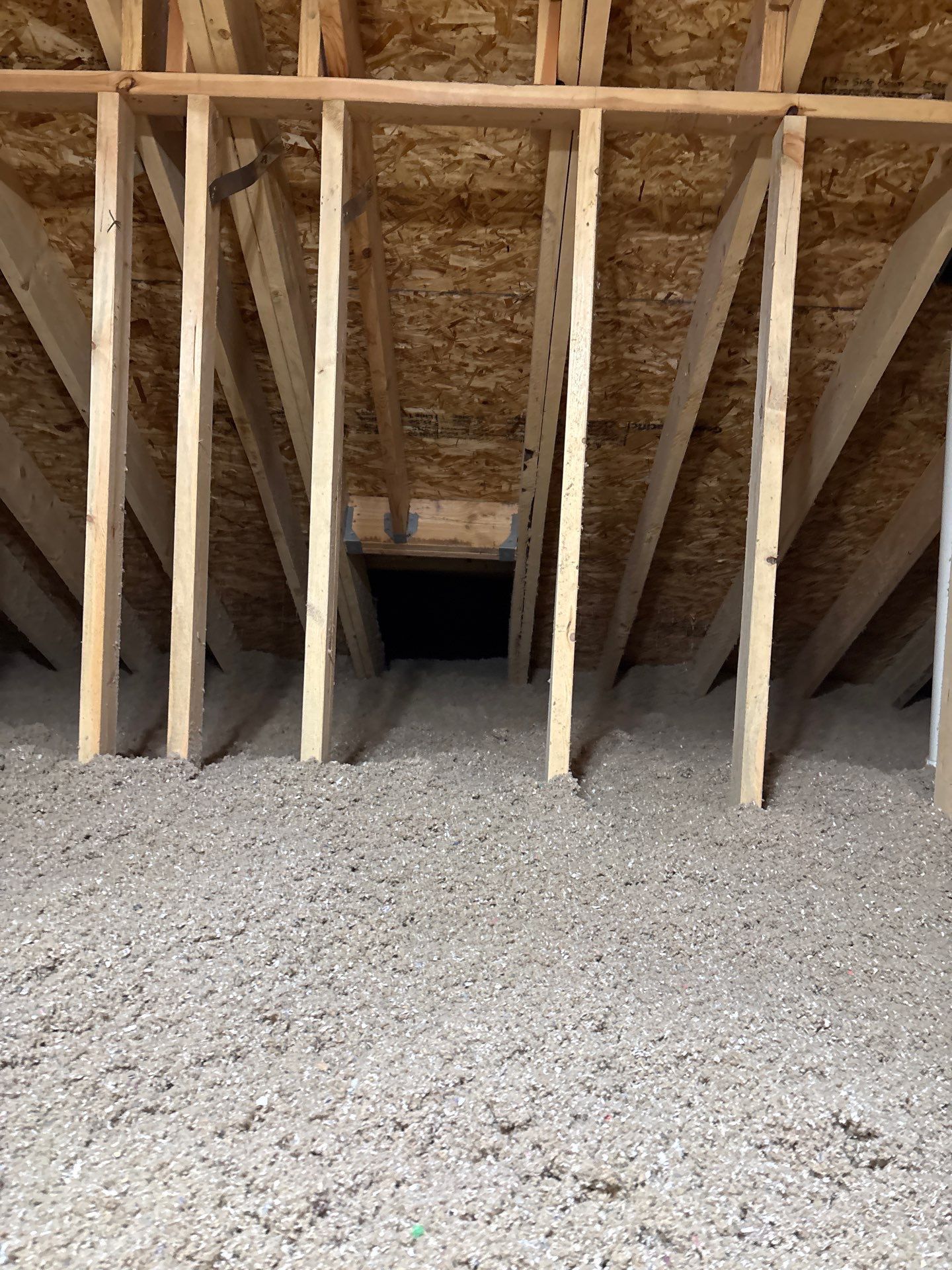 Framed wall with exposed wooden studs and OSB sheathing over gravel ground beneath a sloped roof