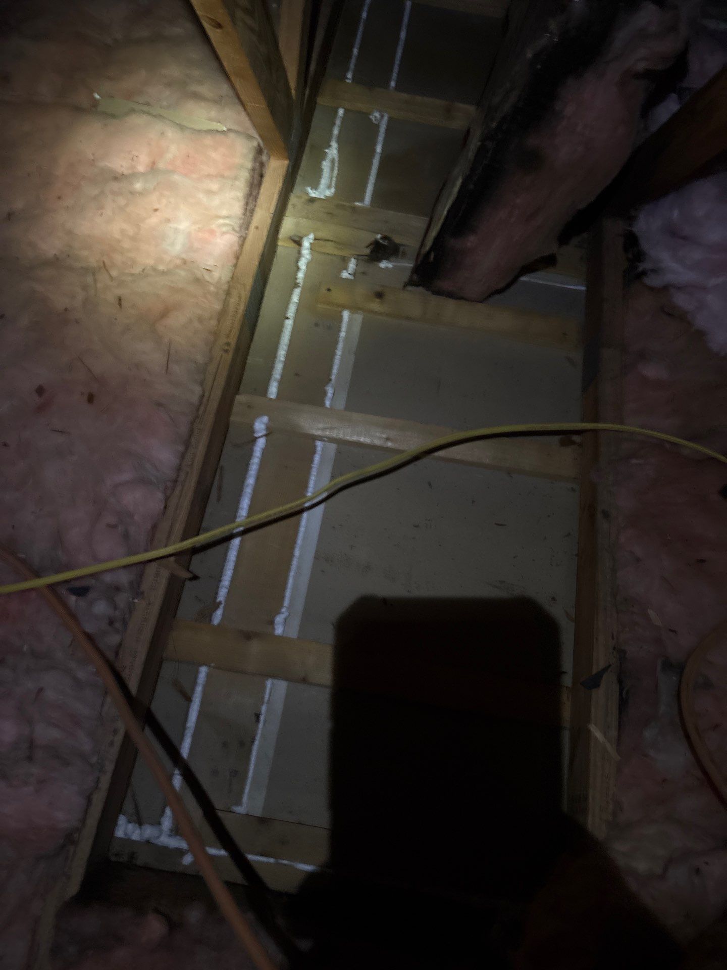 Wooden plank between exposed insulation and cables, with a foot at the top and a dark shadow below