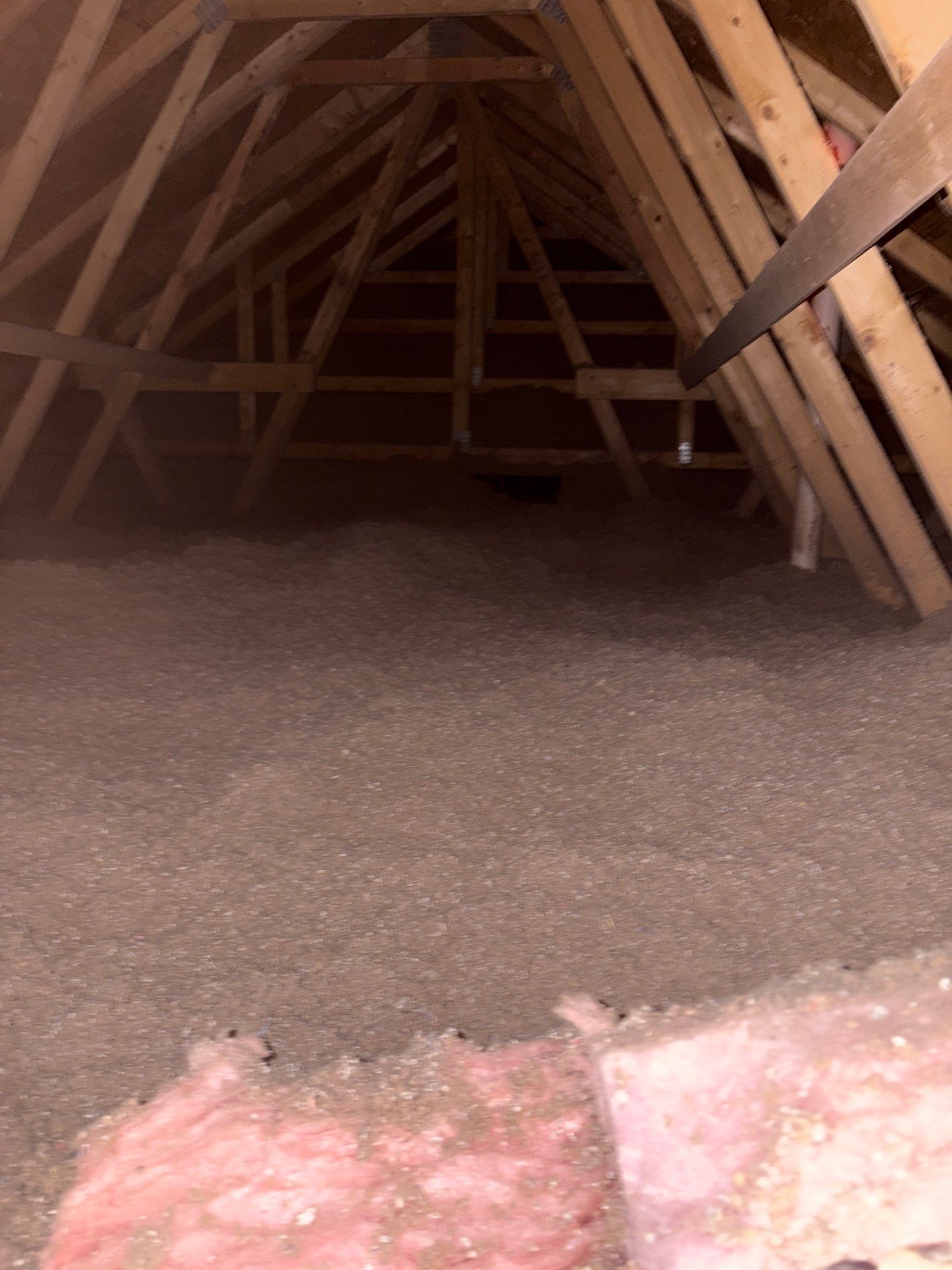 Attic with exposed wooden rafters and pink insulation in the foreground