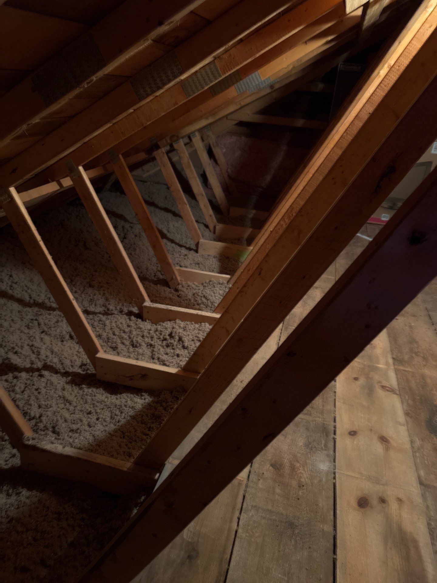 Interior attic view with wooden roof rafters and a narrow staircase lined with insulation.