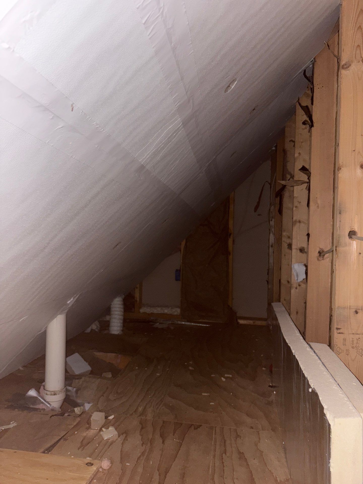 Unfinished attic with sloped ceiling, exposed wood framing, and bare floorboards.