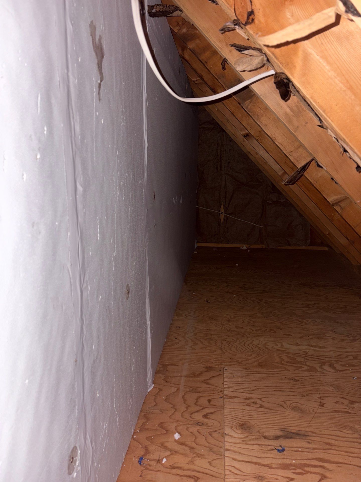 Empty attic space with slanted wooden ceiling and white wall along a narrow floor corridor