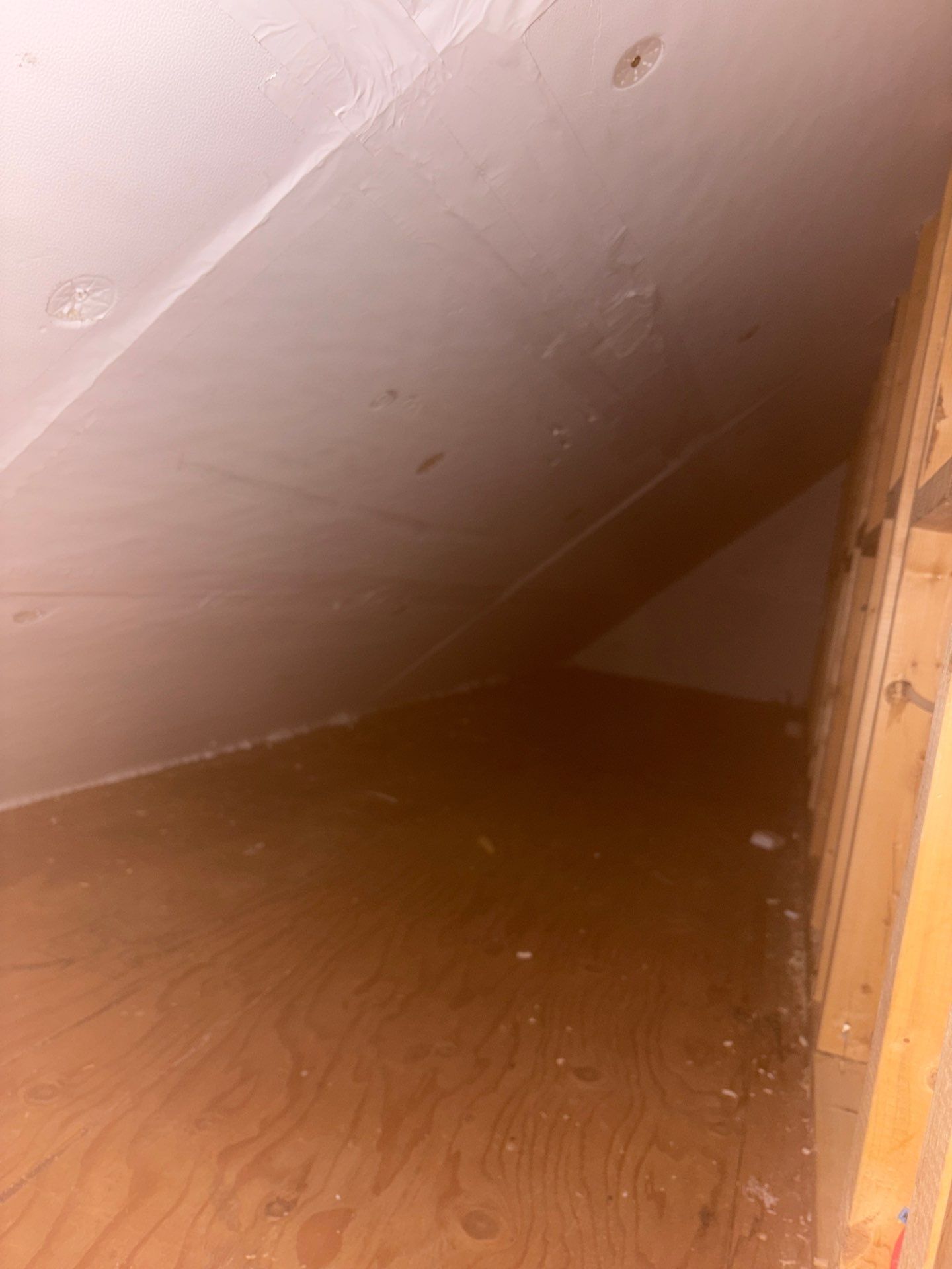 Bare attic space with sloped ceiling, wooden floor, and exposed framing.