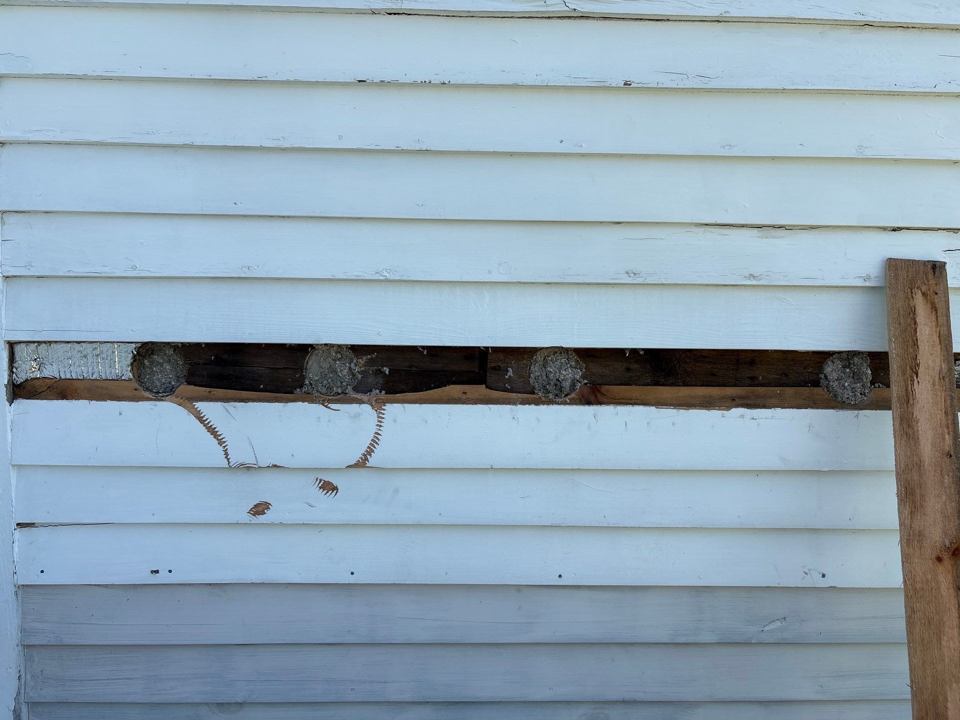Broken wooden fence rail against white siding with hanging wires