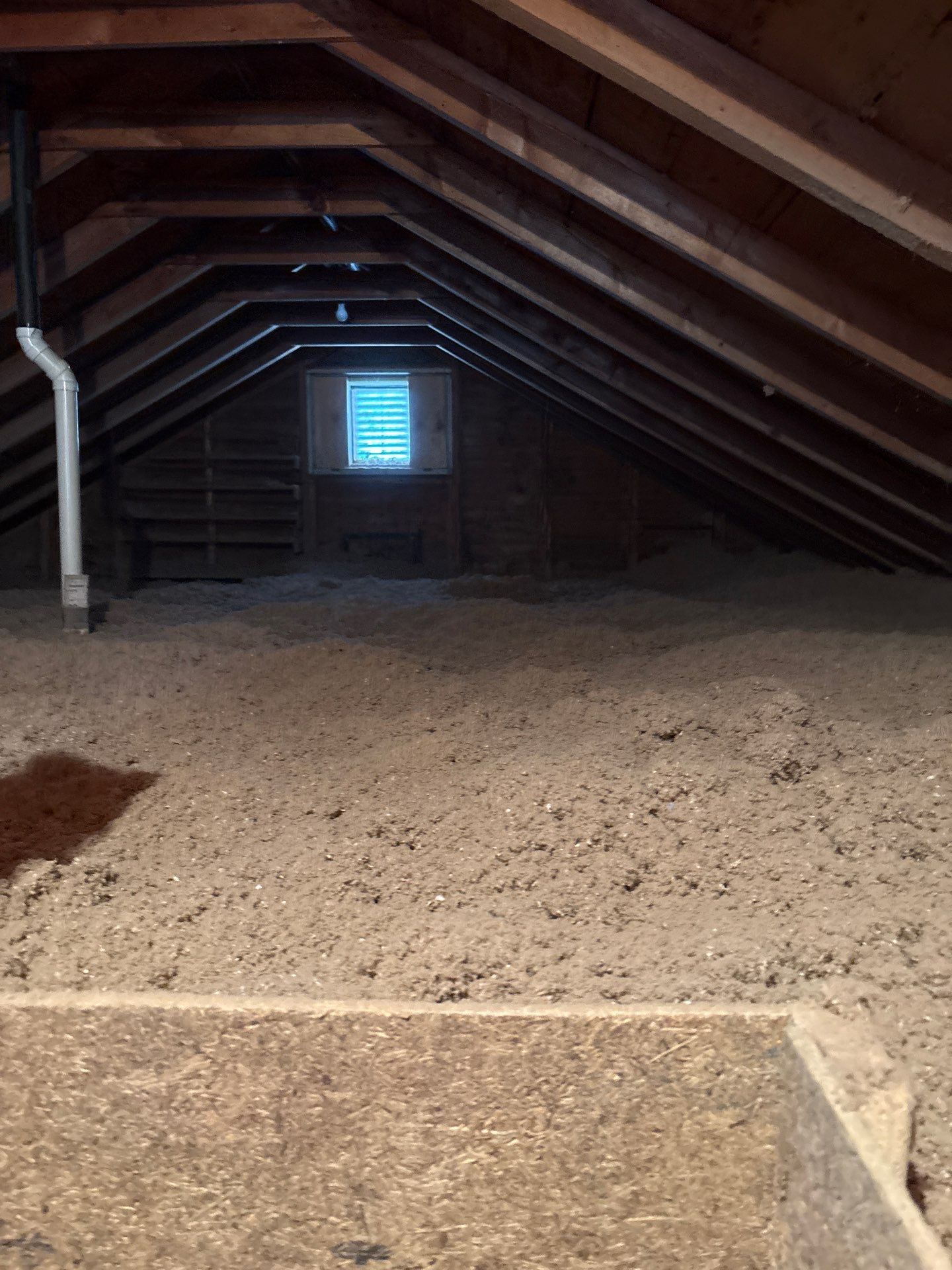 Dusty attic with exposed rafters and a small window at the far end.