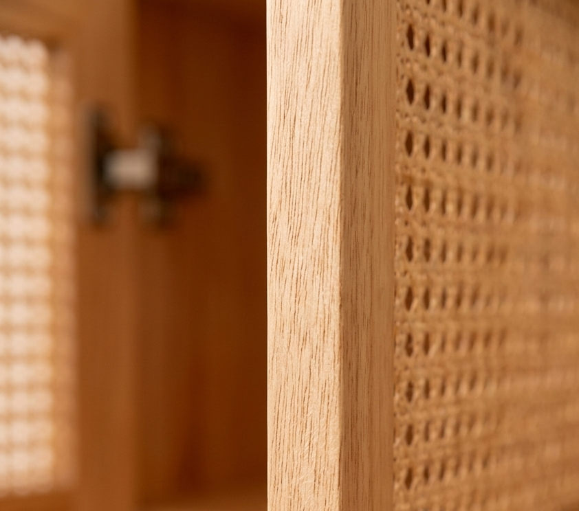 Primer plano de las puertas de un armario de madera tejida con una bisagra borrosa al fondo.