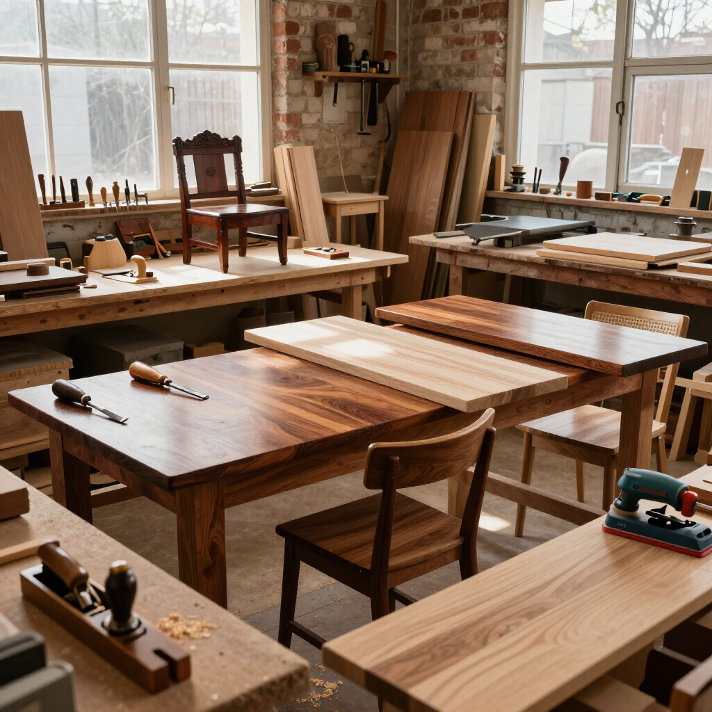 Taller de carpintería luminoso con bancos de trabajo, herramientas, sillas y tablones de madera junto a grandes ventanales.