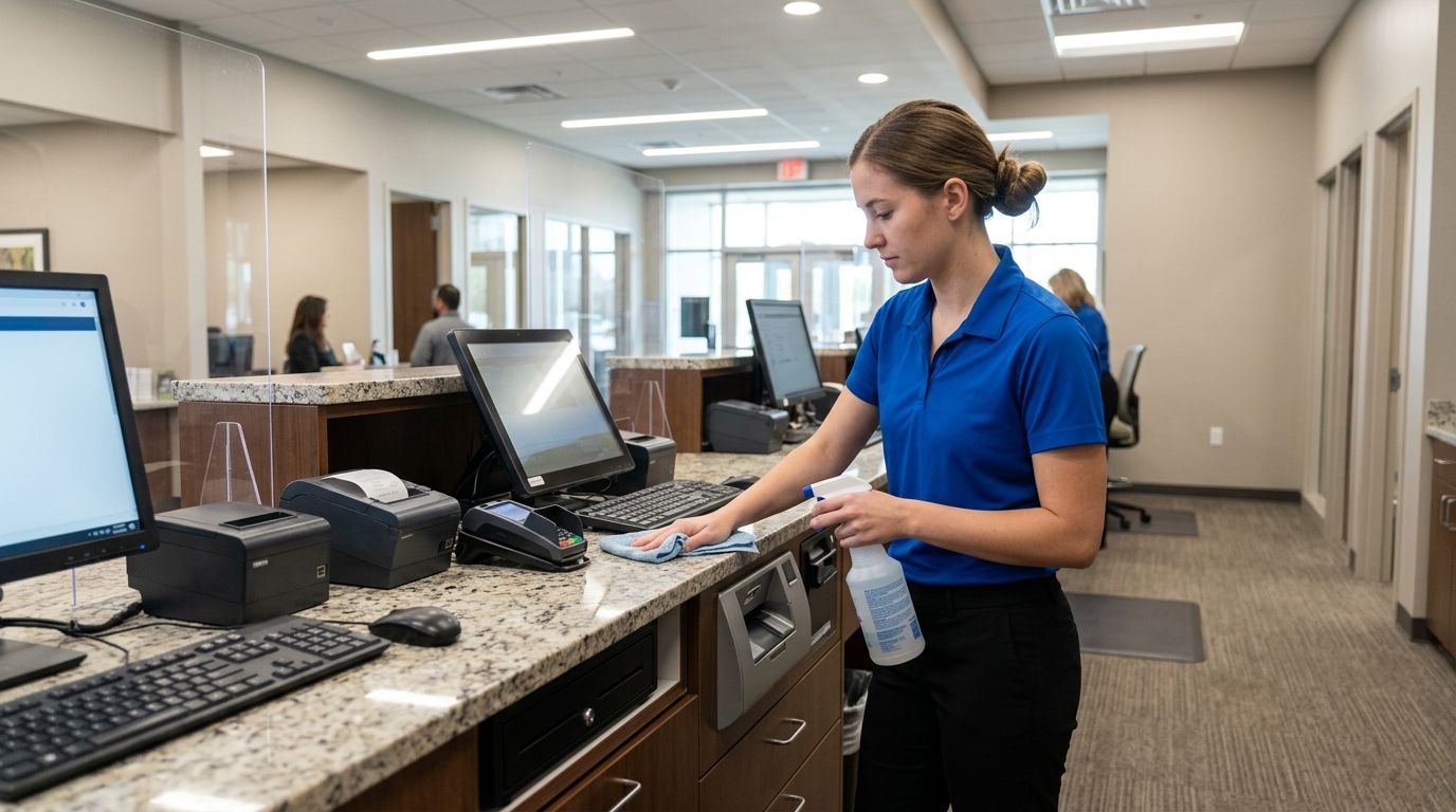 Cleaner disinfecting bank teller, counter, and transaction area in financial institution in Eden Prairie