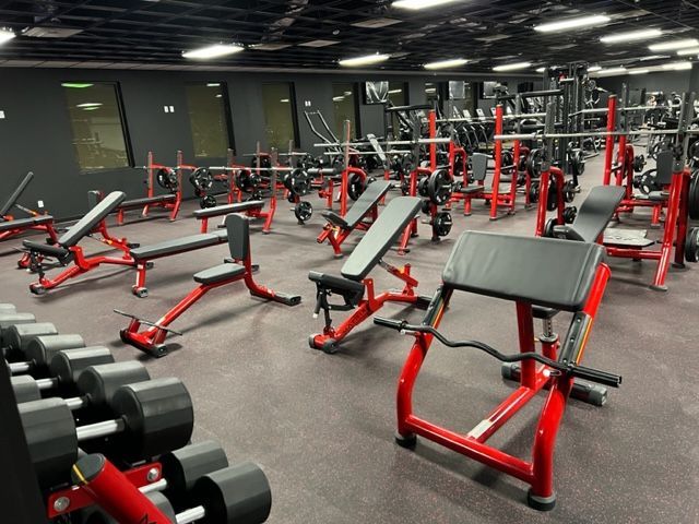 A gym filled with lots of exercise equipment and dumbbells.