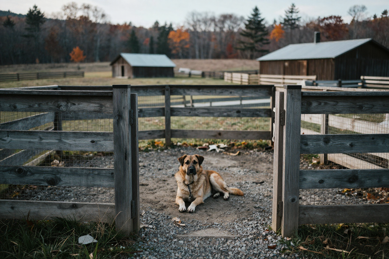 Clean outdoor kennel run in rural Vermont with calm dog