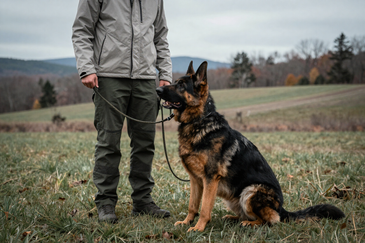 Handler working obedience training with a German Shepherd