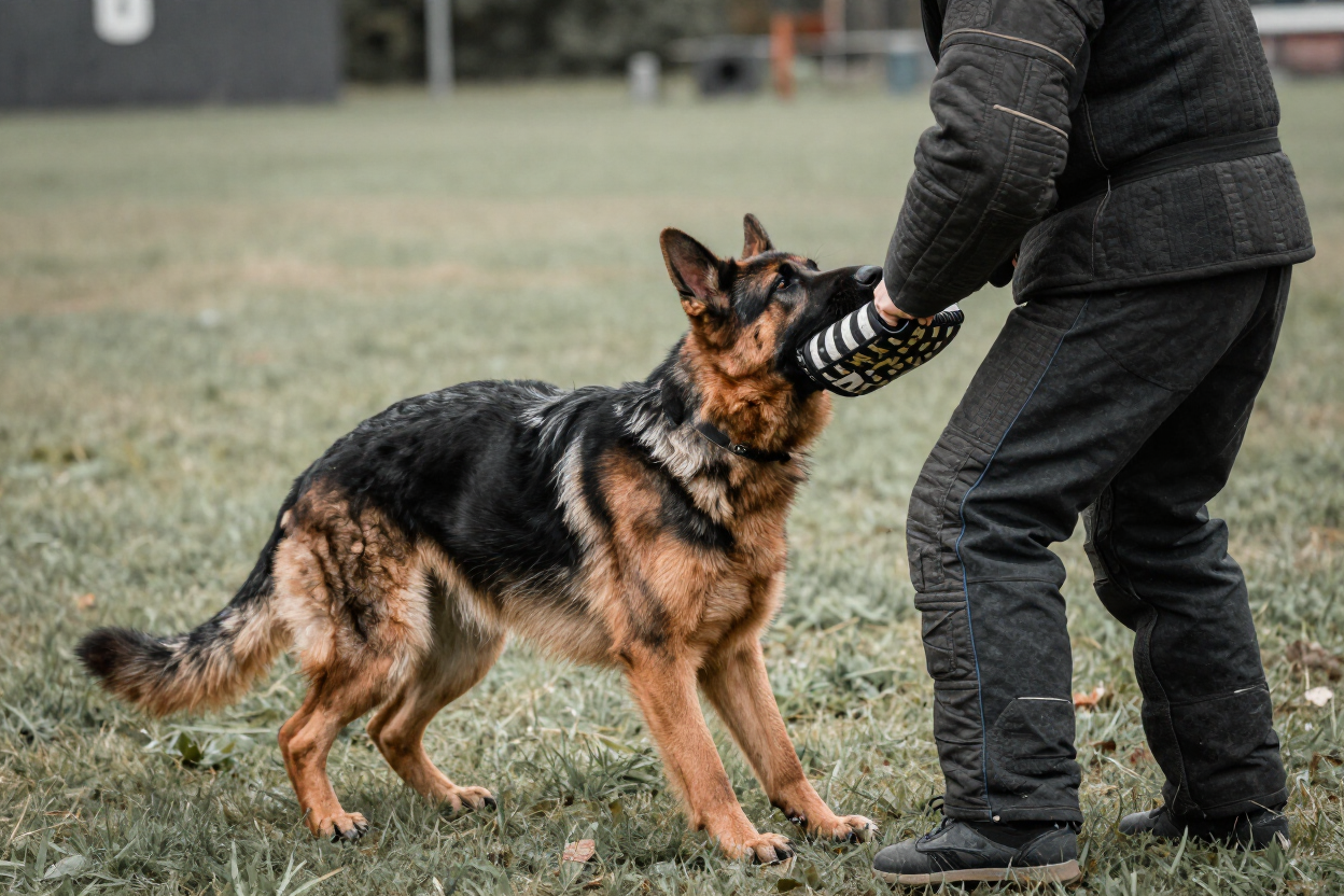Working line German Shepherd in bite work training