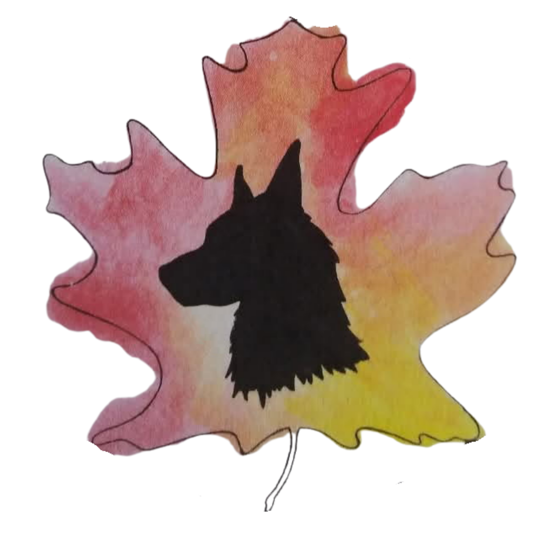 Watercolor maple leaf with pink, red, and yellow gradient and a black wolf silhouette in the center