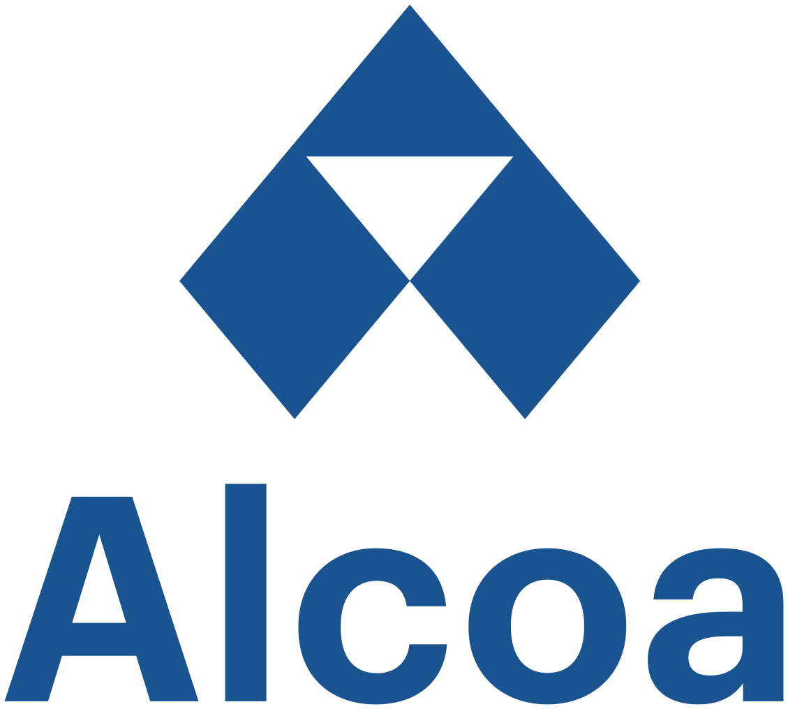 Un logo blu e bianco per Alcoa con un diamante al centro