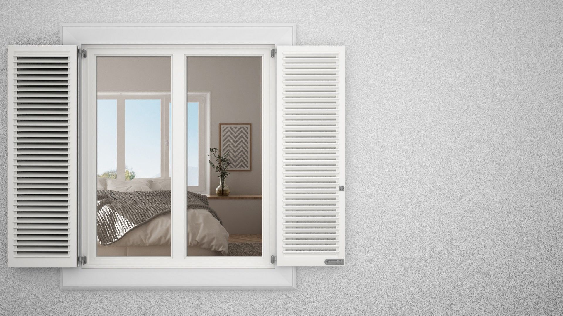 Una camera da letto con un letto e una finestra con le persiane aperte.