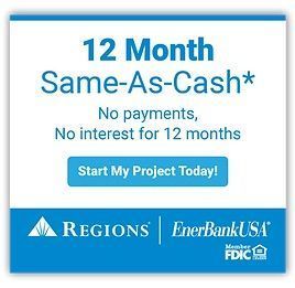 Advertisement for 12-month same-as-cash home improvement financing. Blue and white with