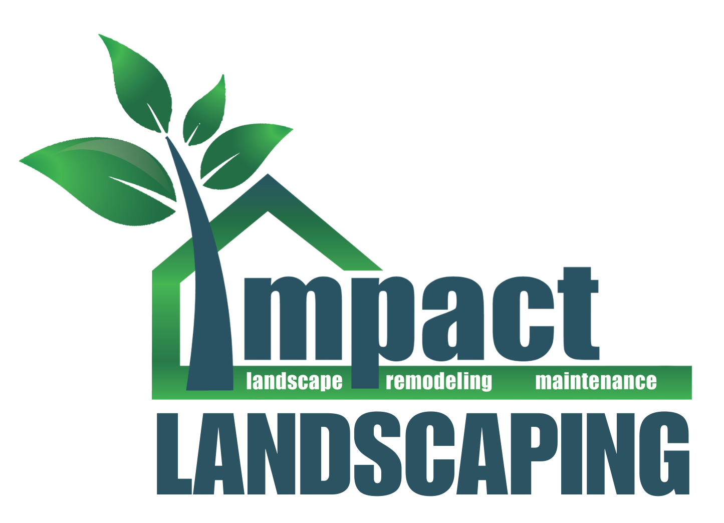 Impact Landscaping logo with a green house, tree, and text: