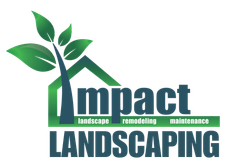 Impact Landscaping logo with a green house, tree, and text: