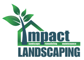 Impact Landscaping logo with a green house, tree, and text: 