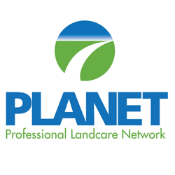 Logo for Professional Landcare Network: Blue circle over a green field and a blue word PLANET.