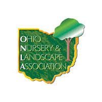 Ohio Nursery & Landscape Association logo: green map-shaped background, white text, golden border, small tree icon.