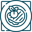 Plate with a grilled food item topped with a garnish. Outline style in teal.