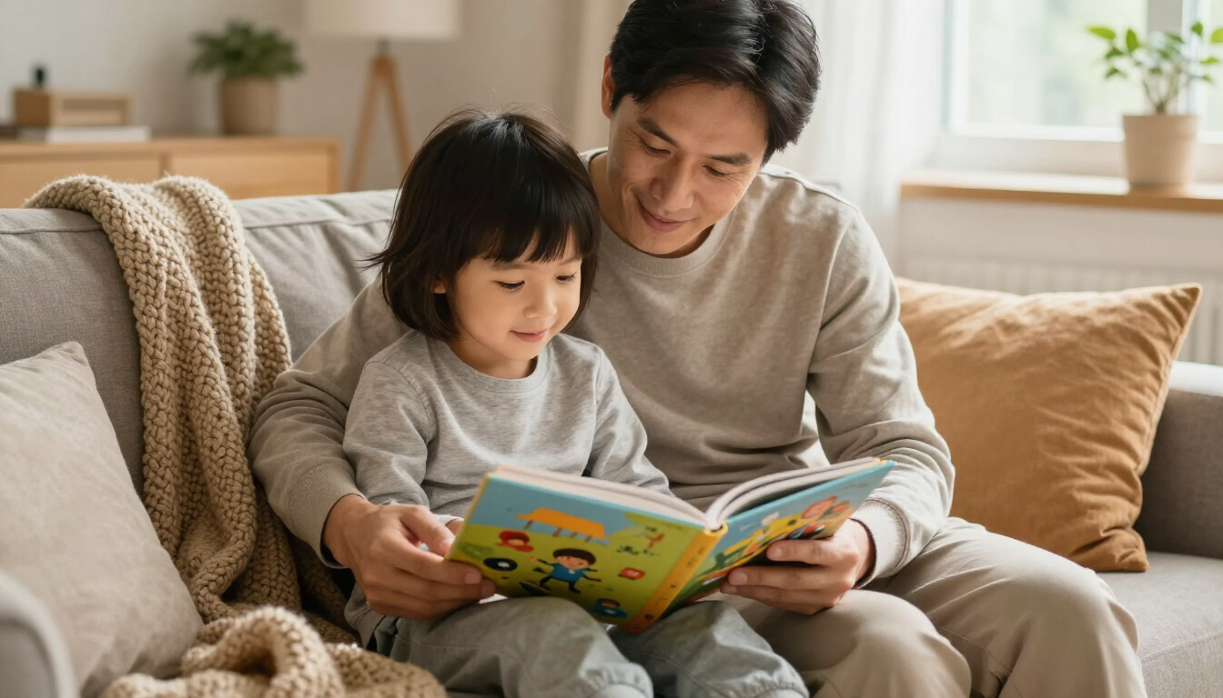 Parent and child enjoying shared reading with a colorful book