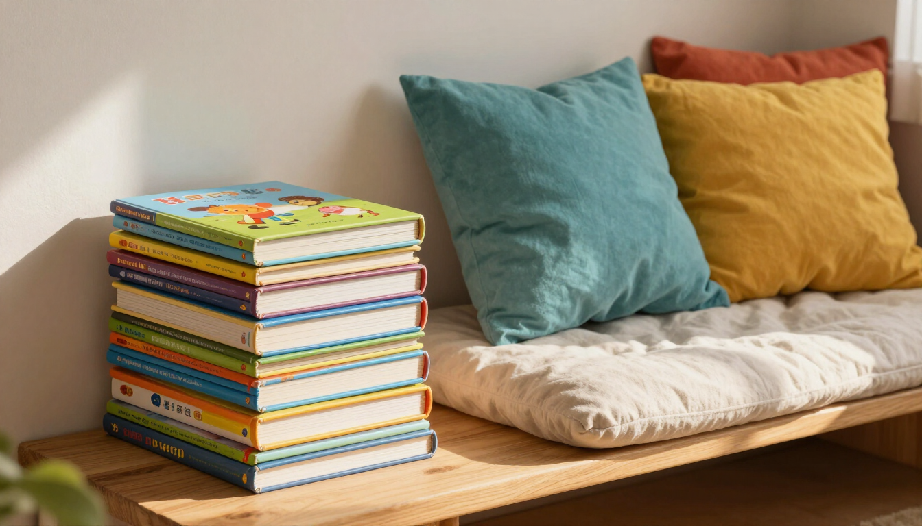 Colorful children's books arranged beside a soft reading nook