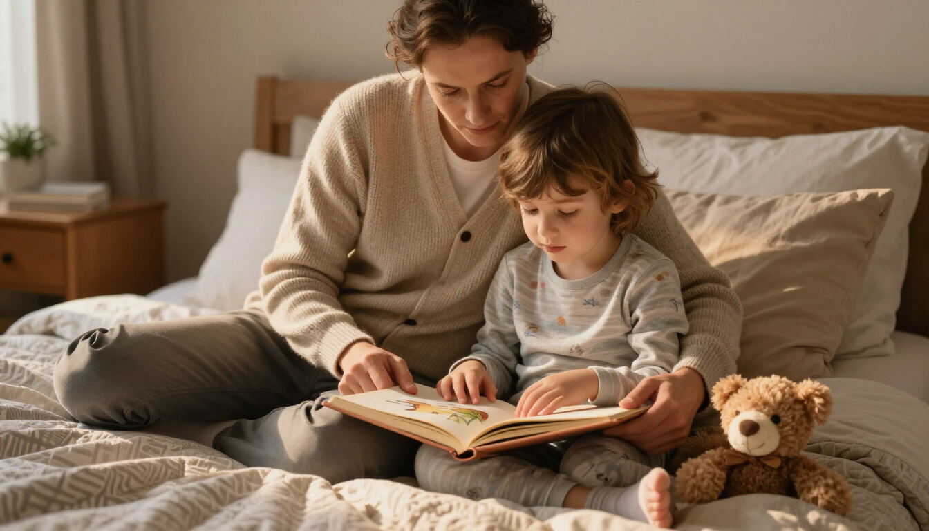 Parent and child reading a sentimental storybook together