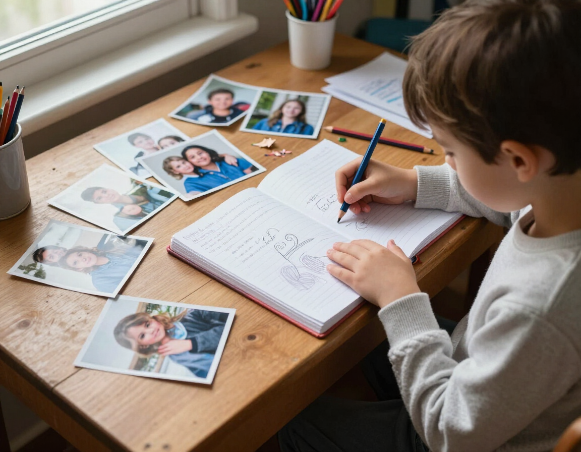 Child drawing beside family photographs and a memory journal