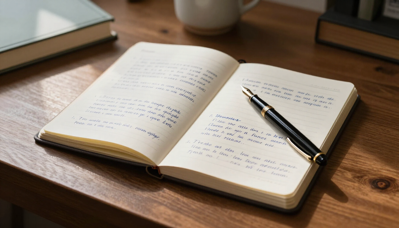 Creative writing prompts in an open notebook