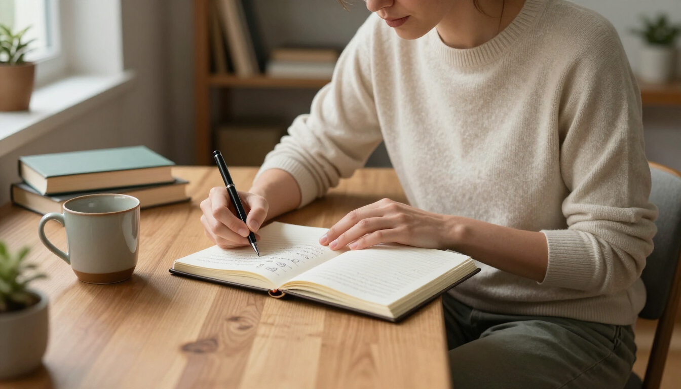 Writer exploring creative writing prompts in a notebook