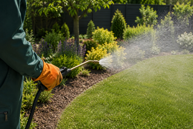 Person in green gear sprays water along a curved lawn edge with a hose in a garden.
