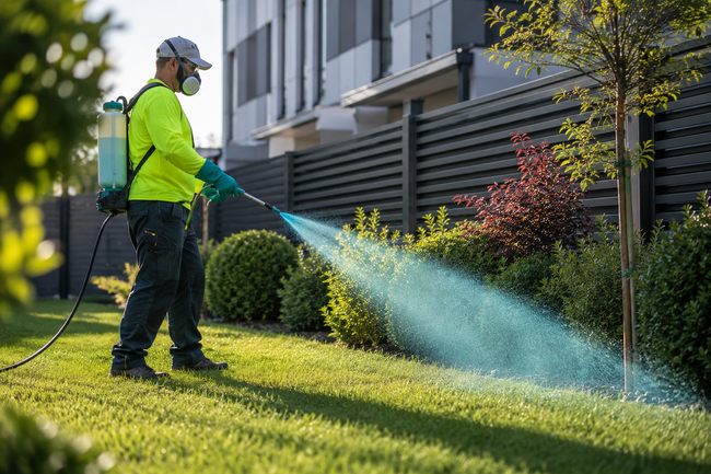 Gardener in neon jacket watering a landscaped lawn beside a modern building