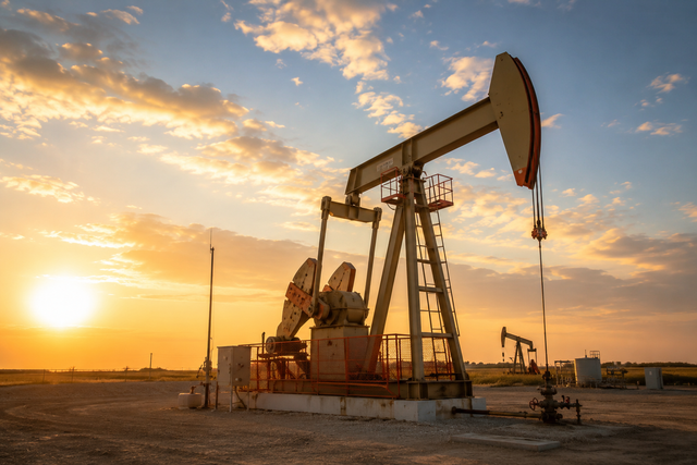 Oil pumpjack silhouetted at sunset in a desert oil field.