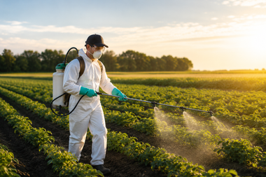 Farmer in white protective suit spraying crops at sunset in a green field