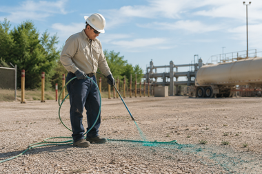 Worker in a hard hat uses a long tool to inspect or clean gravel near an industrial tank yard.